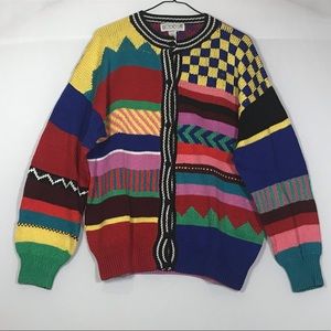 Multi-patterned Colorful Knitted Button Up Sweater